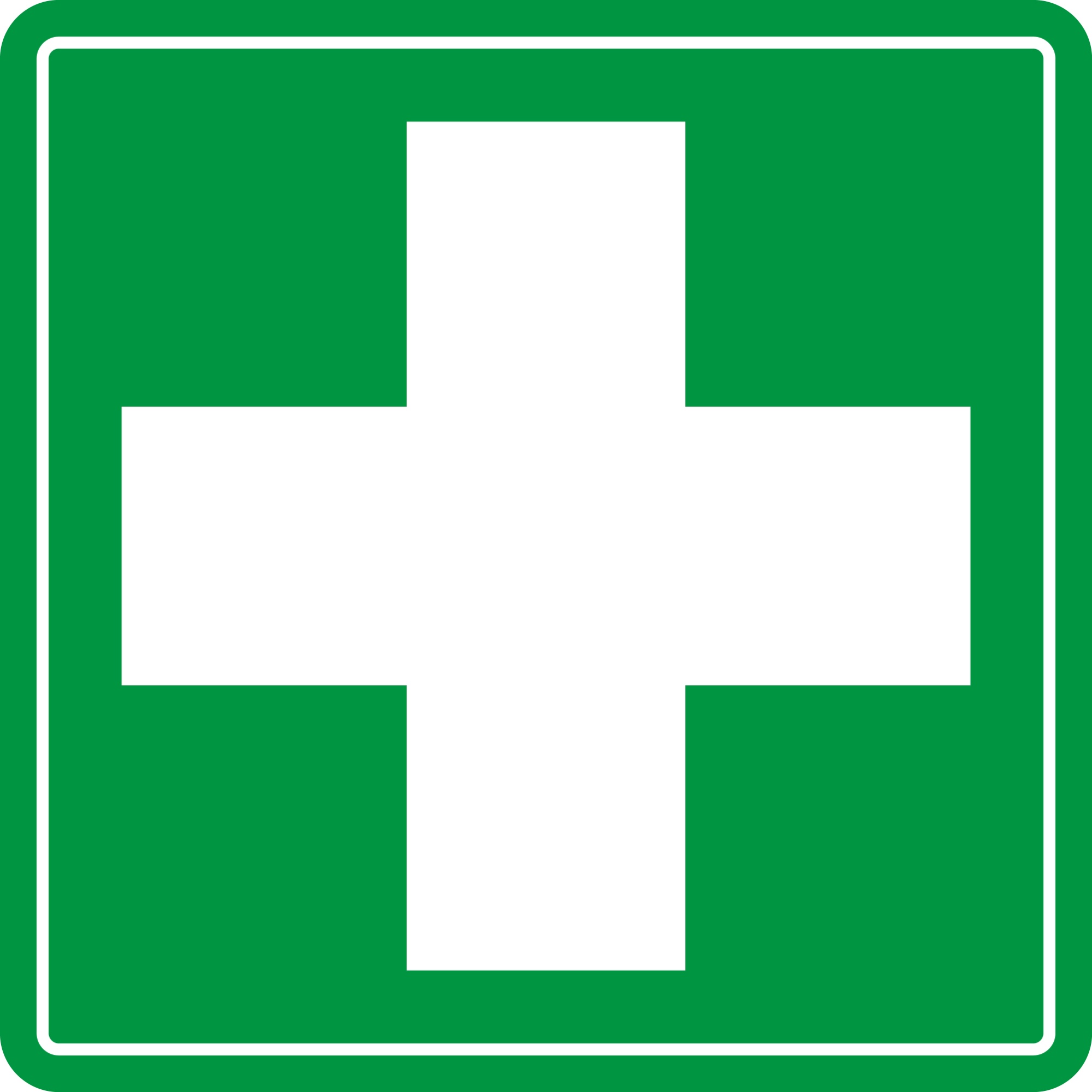 First aid sign white cross on green background